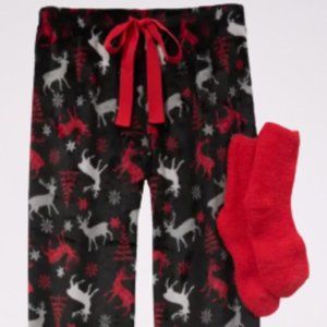 Holiday Reindeer Plush Fleece Pajama Pant & Cozy Socks Bundle, 1X NWT